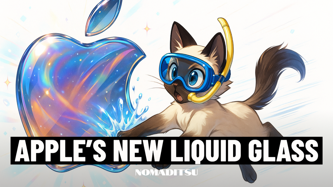 Anime-style Siamese cat with diving goggles touching translucent glass Apple logo with rainbow reflections - WWDC 2025 Liquid Glass design concept