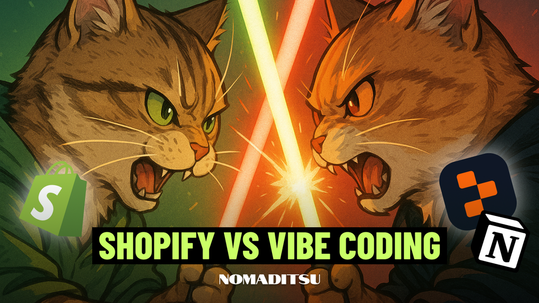 Two cats dueling with lightsabers representing Shopify vs vibe coding platforms, with text overlay "Shopify vs Vibe Coding"